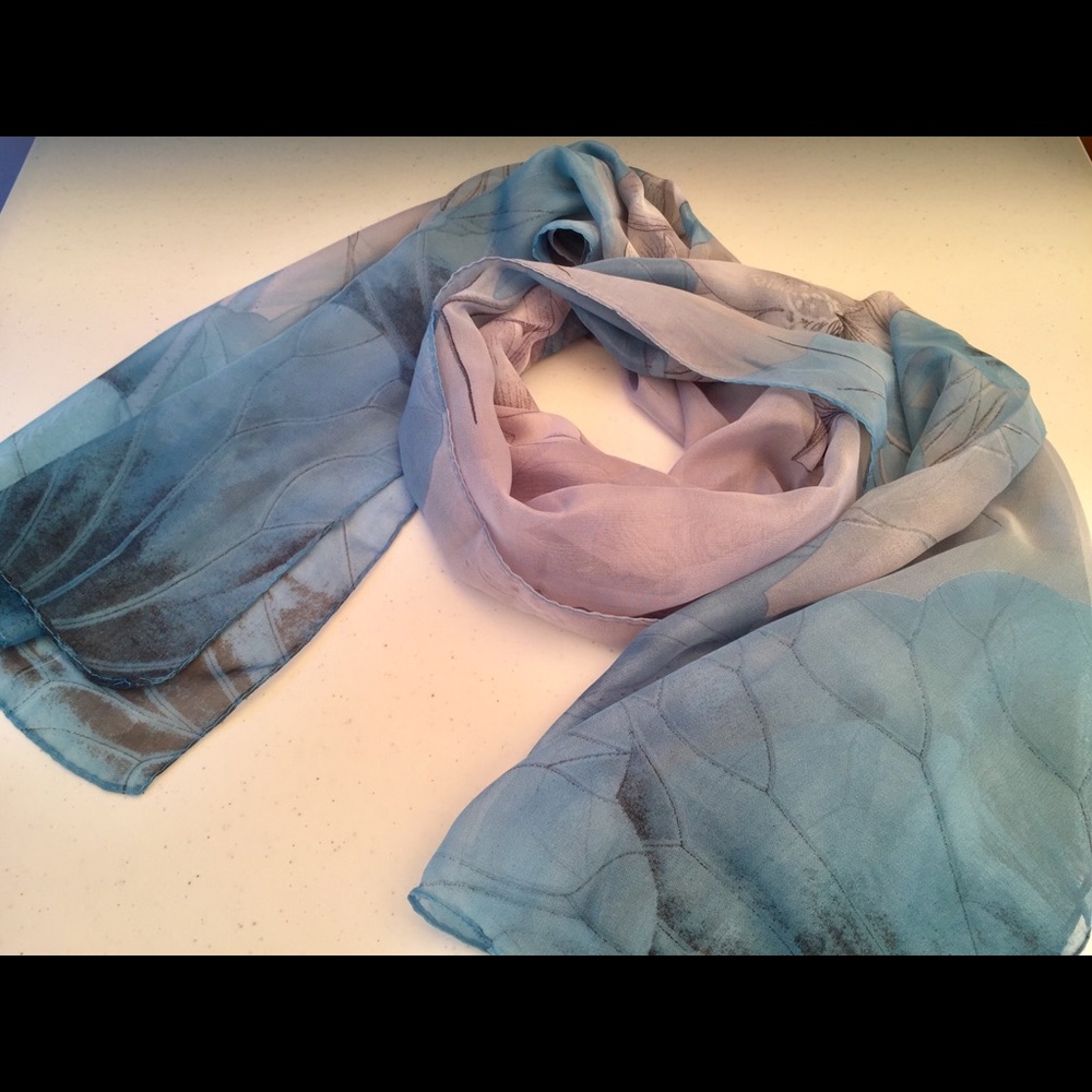 NEW Sheer Silk Chiffon Lotus Scarf Blue Gray